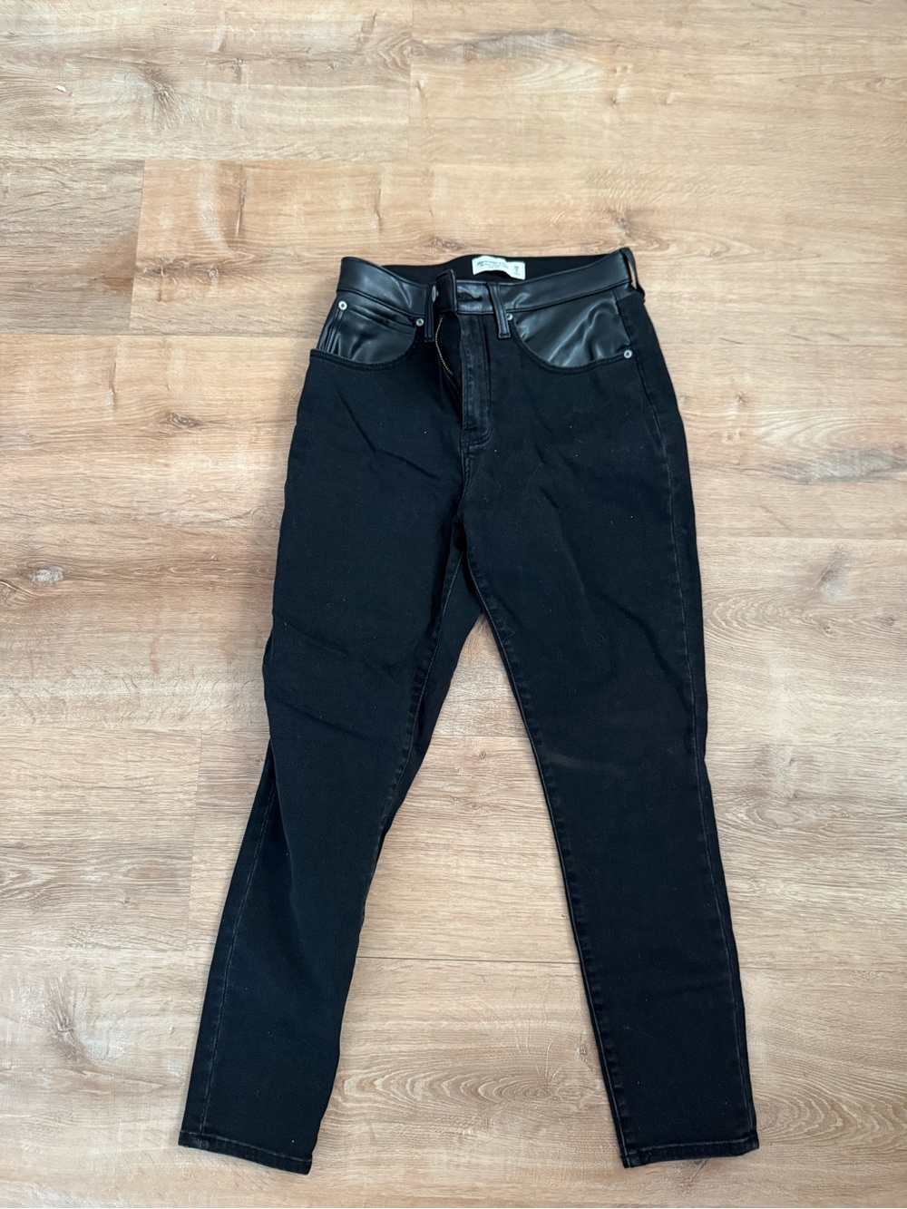 Black High-Waist Jeans with Faux Leather Trim